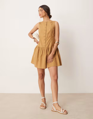 ASOS DESIGN slash neck button down dropped waist mini dress in tan | ASOS (Global)
