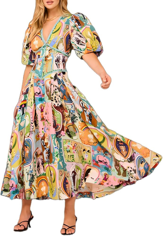 Womens Boho Graffiti Summer Dress Short Puff Sleeve Deep V Neck Bodycon Sexy Nightclub Party Dres... | Amazon (US)