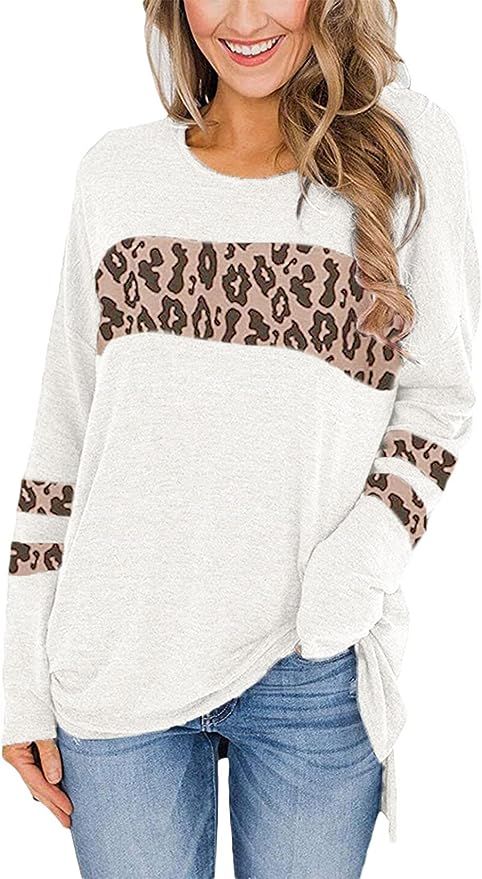 EADINVE Women's Long Sleeve Leopard Color Block Tunic Comfy Round Neck T Shirt Long Hem Side Slit... | Amazon (US)