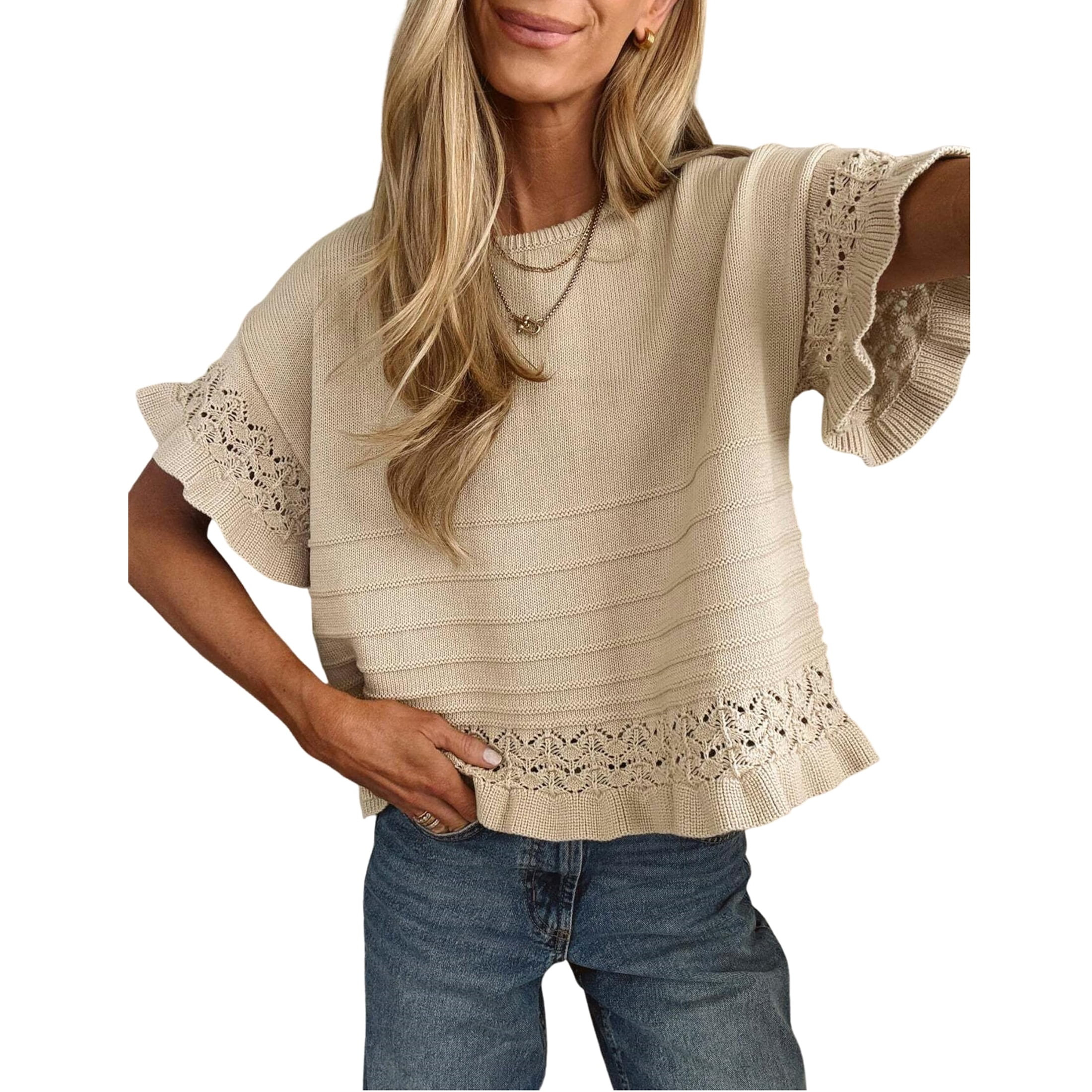 Lentta Womens Short Sleeve Sweater Round Neck Ruffled Hem Knit Crochet Pullover Casual Top Blouse | Walmart (US)