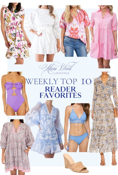 Weekly Top 10 Favorites! 

Lilac strapless versatile one-piece swimsuit with cut outs 
Red pink orange and white short sleeve top 
Ruffled floral mini dress with bow tie belt 
Cork wedges 
Baby blue and white woven buttoned mini dress with sheer sleeves 
Pink short sleeve collared mini dress 
White long sleeve mini dress with bow tie belt
Blue two piece bikini swimsuit with adjustable tie bottoms
Floral tan green and blue long sleeve maxi dress 
Grey and pink patterned dress with puffy 3/4 sleeves

#LTKstyletip #LTKFind #LTKswim