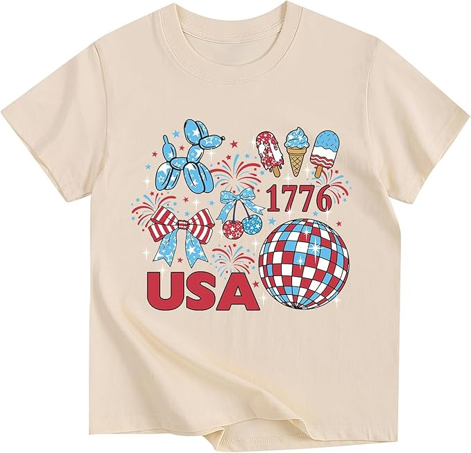 American Flag Shirts for Girls 4th of July Bow Patriotic Tshirts Cotton Short Sleeve Tees 3-13 Ye... | Amazon (US)