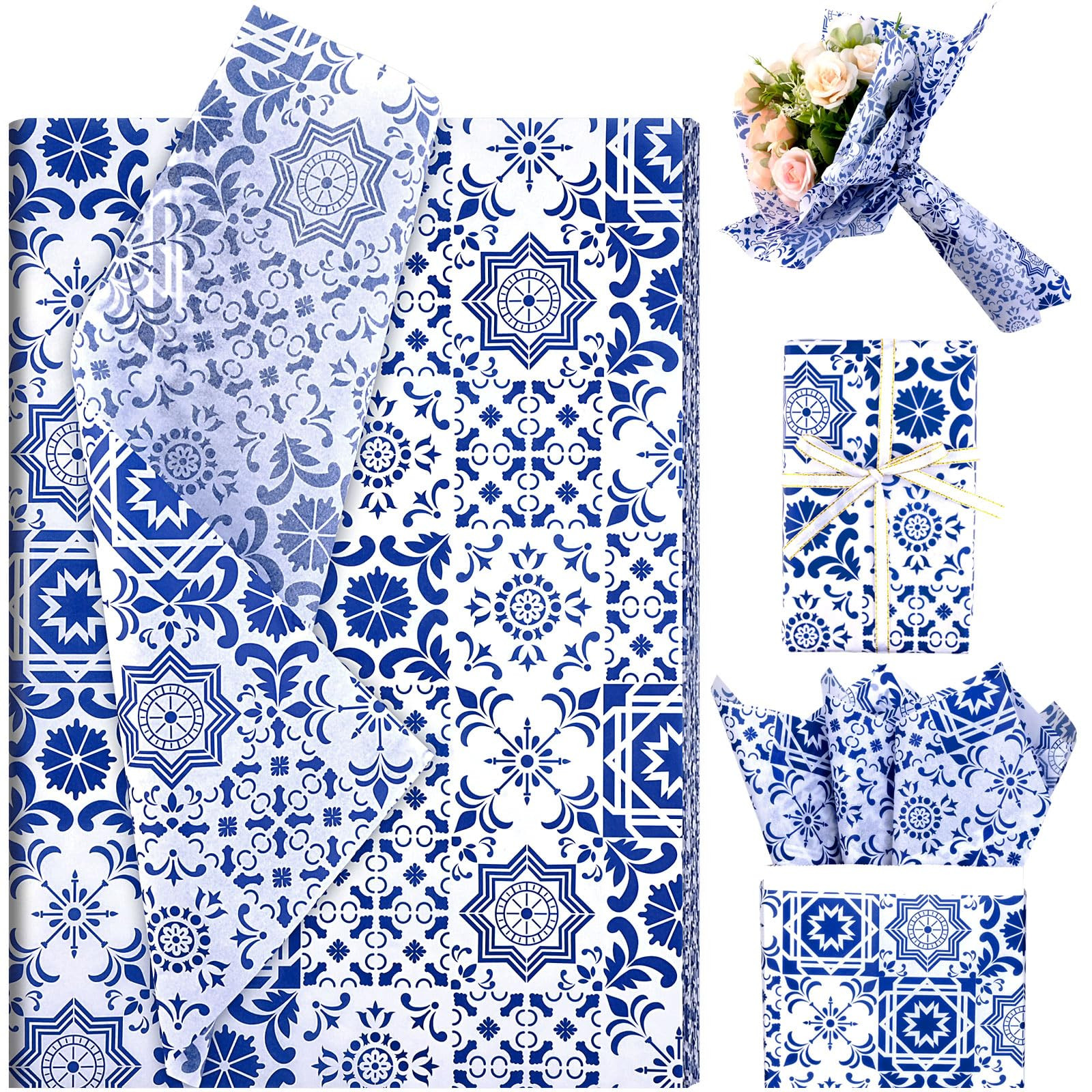 50 Sheets Moroccan Mosaic Tissue Paper,19.7 x 28 Inch Gift Wrapping Tissue Paper Blue Tiles Parte... | Amazon (US)