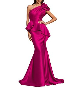Taffeta One Floral Applique Shoulder Peplum Gown | Dillard's