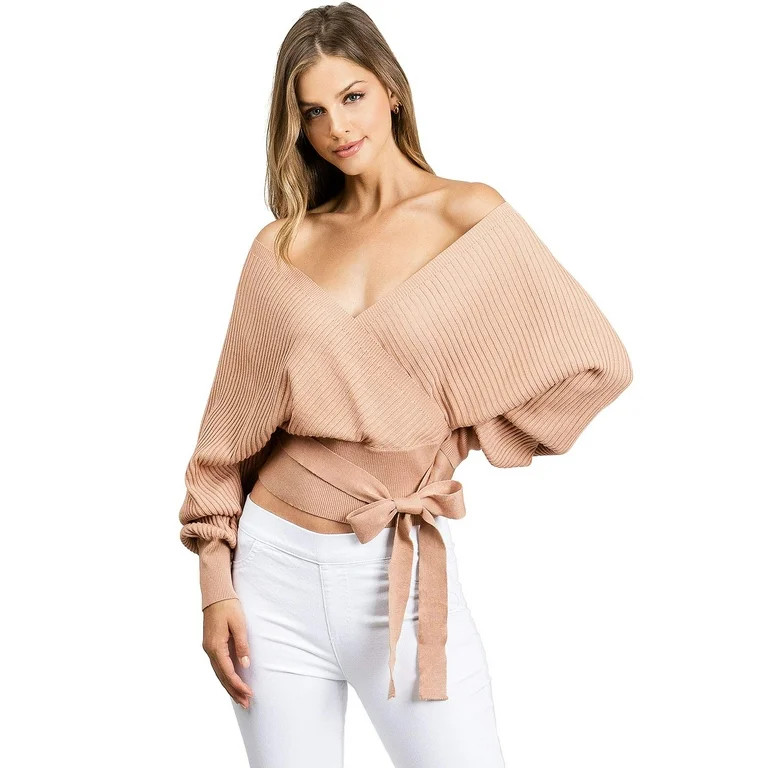 Love Tree Women's Juniors Ribbed Long Sleeve Surplice Knot Top (Clay, S) - Walmart.com | Walmart (US)