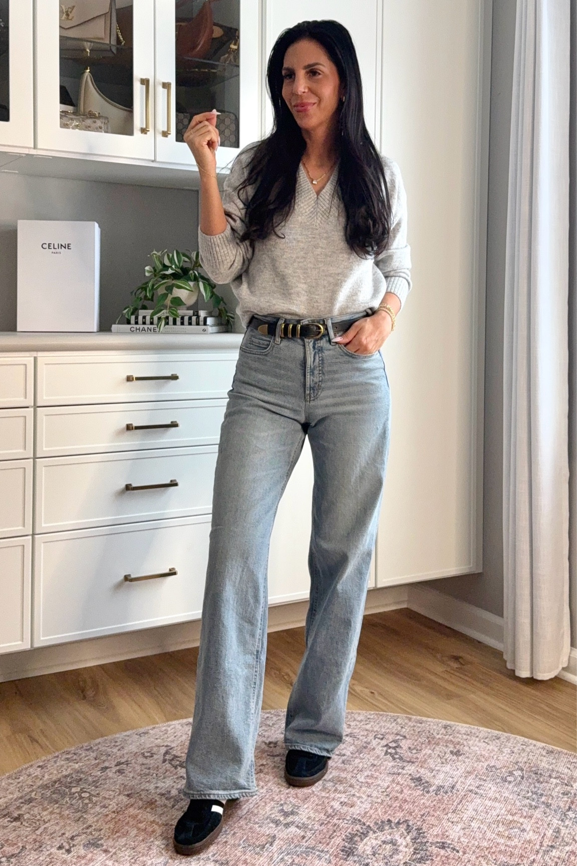 AGolde look for less at Old Navy
Denim- 2 tall 
Sweater small 
Spezial Sneakers- size down a half size 

#LTKU #LTKFindsUnder50