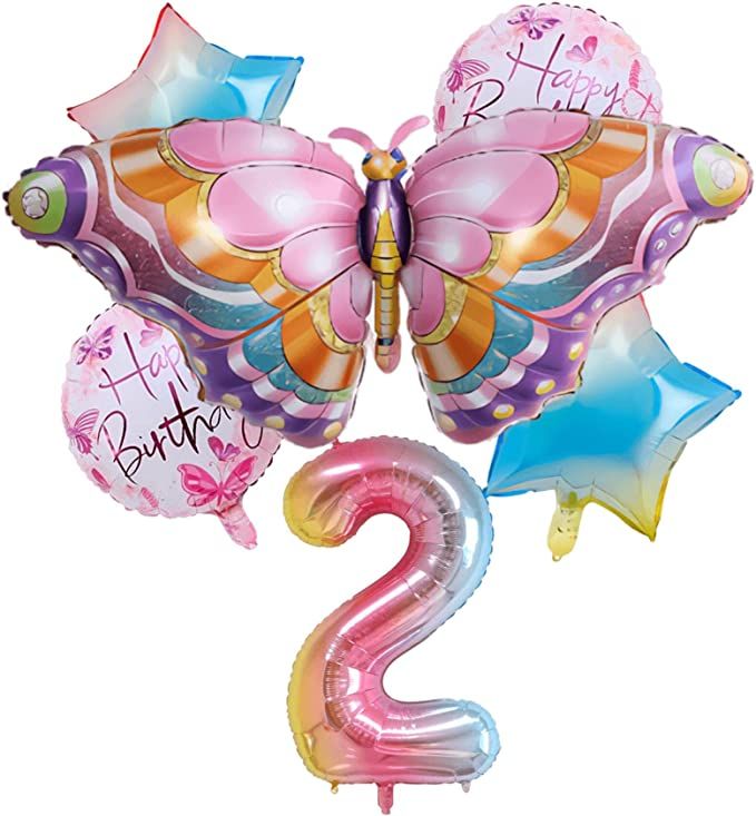 Butterfly Balloon 2nd Birthday Decorations for Girls, Giant Colorful Butterfly Number 2 Foil Myla... | Amazon (US)