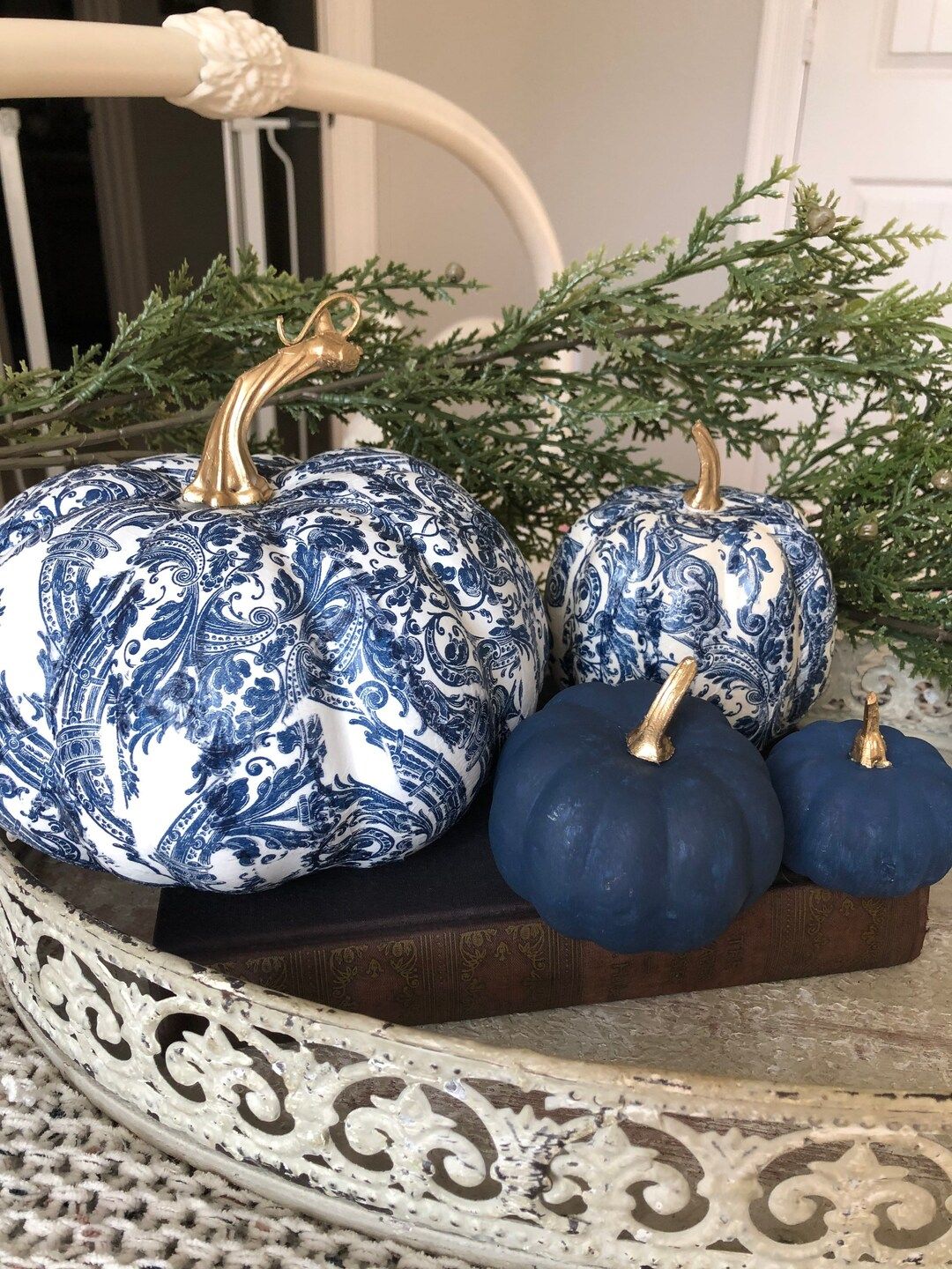 SET OF FOUR Blue and White Chinoiserie Style Fall Pumpkins - Etsy | Etsy (US)