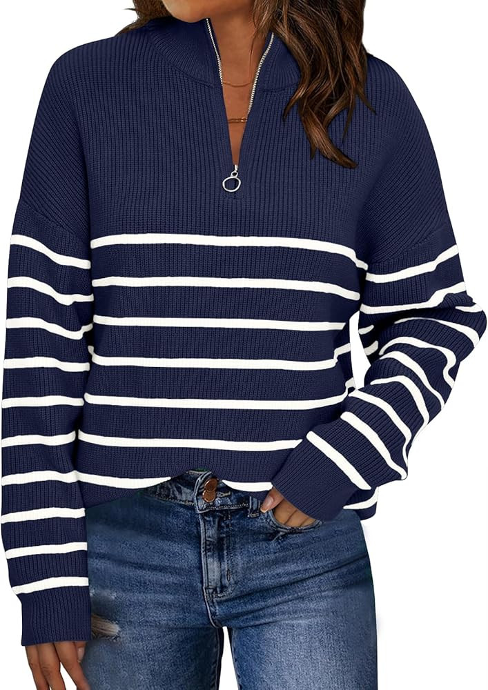 LILLUSORY Women's Quarter Zip Striped Oversized Sweater 2025 Mock Turtleneck Fall Fashion Outfit | Amazon (US)