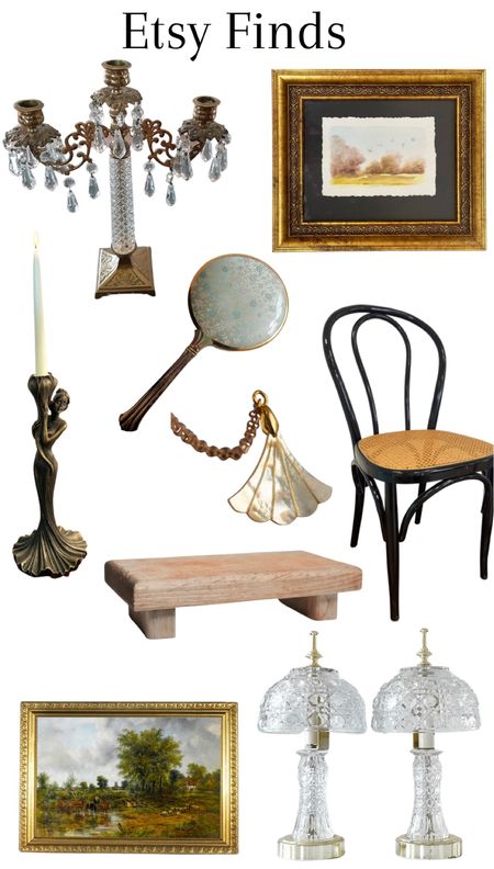 Vintage home decor finds from Etsy- Thornet chair, framed wall art, Pearl necklace, kitchen pedestal, candelabra 

#LTKstyletip #LTKhome #LTKHoliday