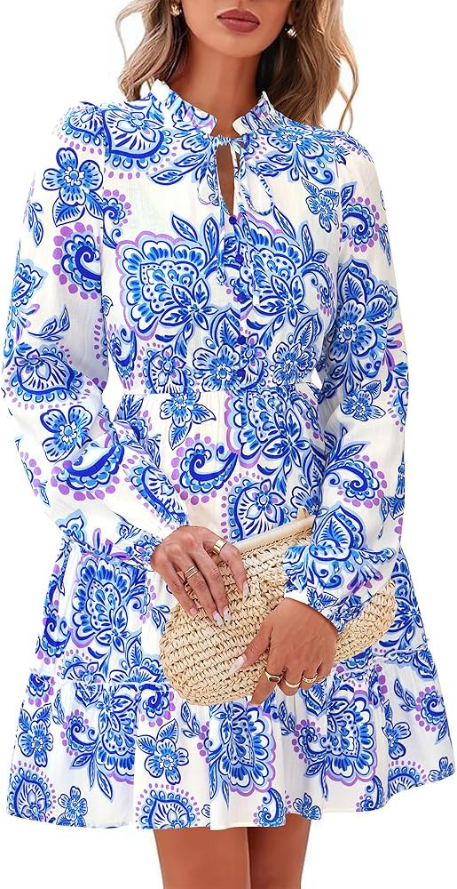 BTFBM Women Fall Dresses 2025 Floral V Neck Long Sleeve Tiered Ruffle Boho Swing Flowy A-Line Min... | Amazon (US)