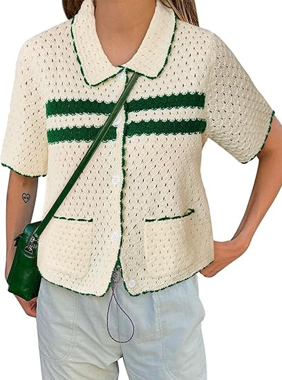 Yousify Womens Striped Short Sleeve Sweater Casual Knitted Button Down Crochet Cardigan Vintage Y... | Amazon (US)