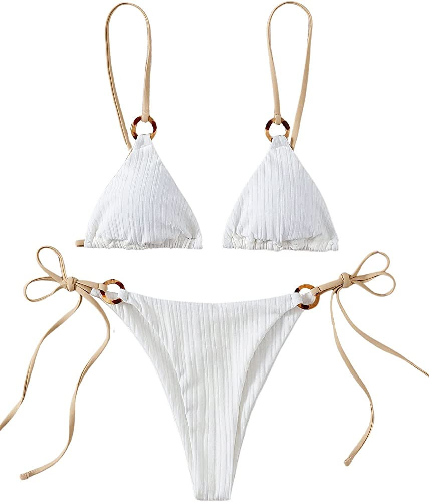 SheIn Women's 2 Piece Swimsuit White Bikini Set White Swimsuit White Bathing Suit Bikini Sets | Amazon (US)