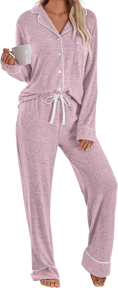 LILLUSORY Women's Long Sleeve Pajama Set - Soft Button-Down Top & Comfortable Drawstring Pants wi... | Amazon (US)