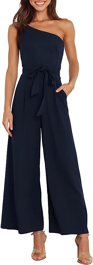 ANRABESS Women's Summer Dressy One Shoulder Sleeveless Tie Waist Backless Casual Wide Leg Jumpsui... | Amazon (US)