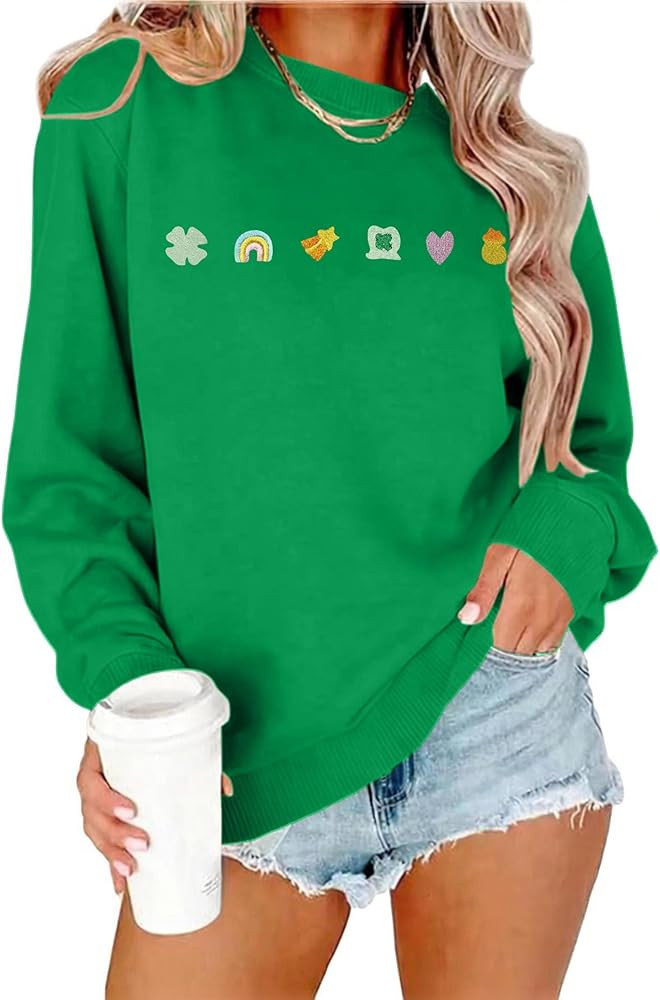 St Patricks Day Sweatshirt Women Shamrock Embroidery Sweatshirts St Patricks Day Shirt Casual Luc... | Amazon (US)
