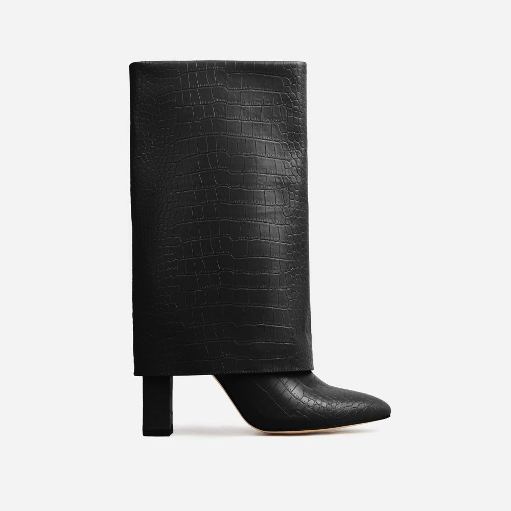 Baltina Pointed Toe Block Heel Mid Calf Boot In Black Croc Print Faux Leather | EGO (UK)