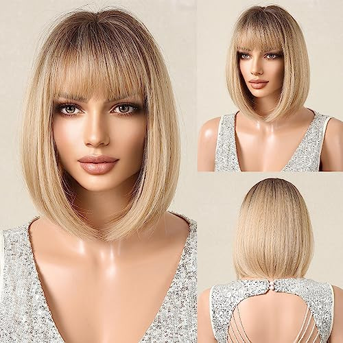 Tumhorn Short Straight Bob Wig with Bangs Highlight Layered Blonde Wigs for Women Synthetic Natural Looking Wigs | Amazon (US)