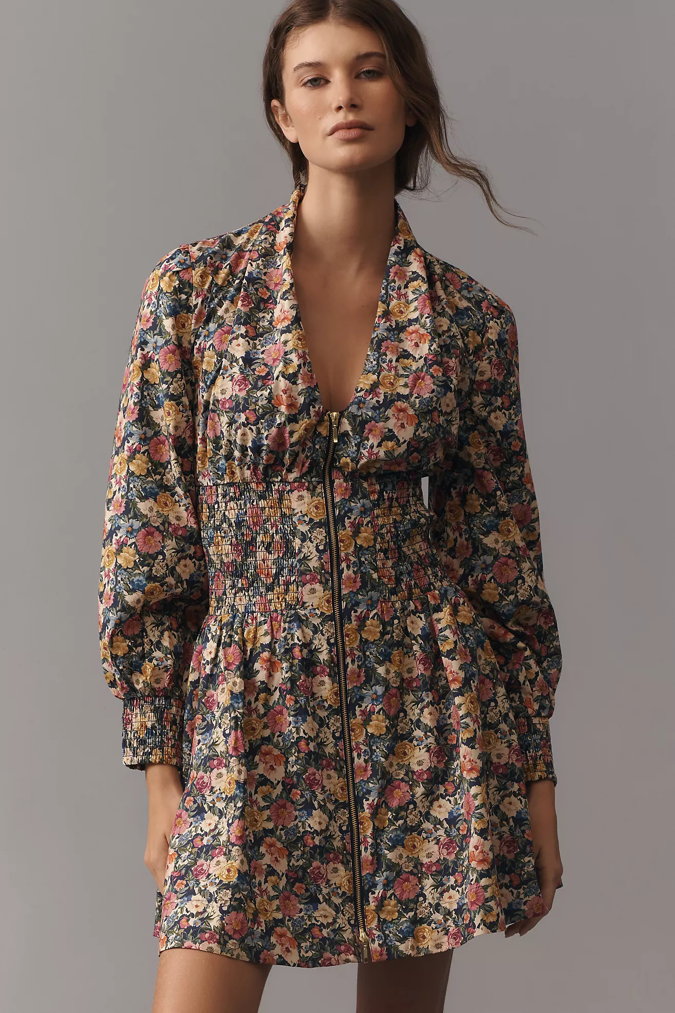The Tommie Long-Sleeve Smocked Front-Zip Mini Shirt Dress | Anthropologie (US)