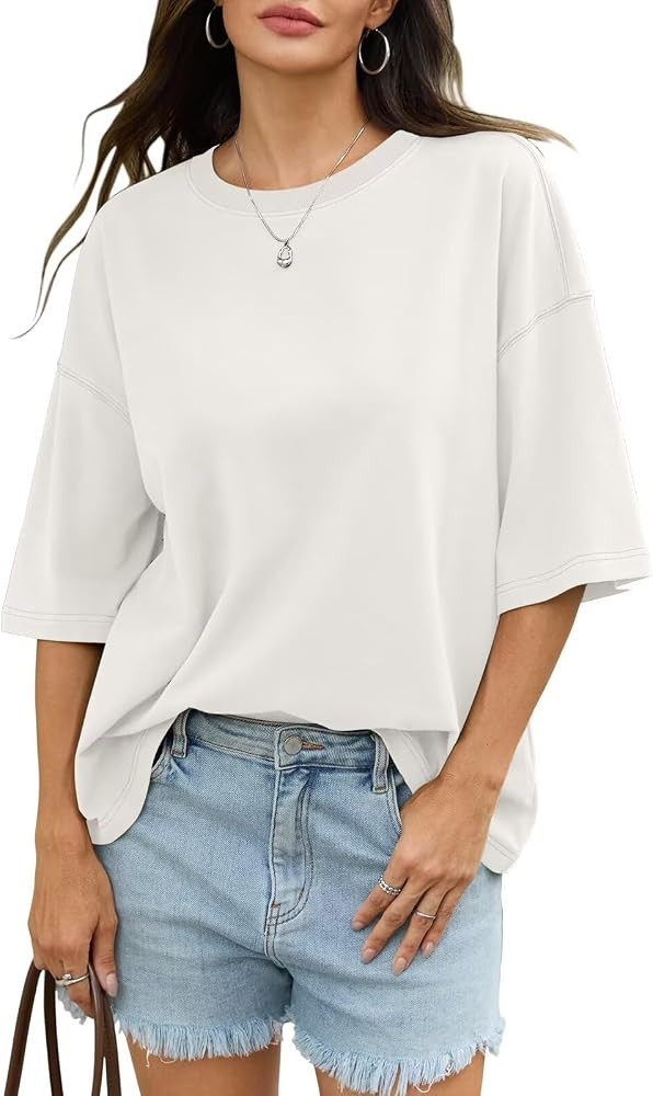 EasyGala Womens Cotton Oversized T Shirts Drop Shoulder Half Sleeve Boxy Tops Crewneck Loose Fit ... | Amazon (US)