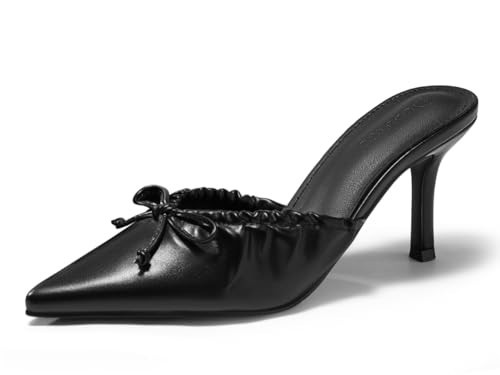 Coutgo Womens High Heels Mules Bow Closed Pointed Toe Pumps Pleated Slip On Dress Shoes, PU Black, Size 9.5 | Amazon (US)