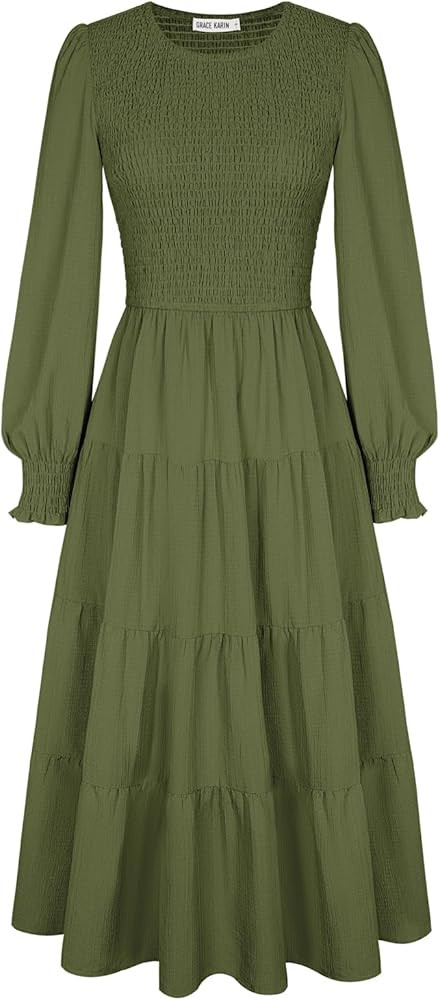GRACE KARIN Women's Long Sleeve Casual Dress 2025, Fall A Line Flowy Dress, Maxi Smocked Tiered D... | Amazon (US)