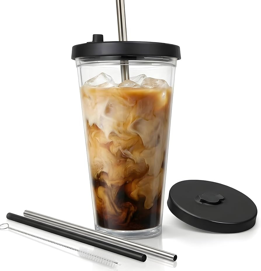 Reusable Iced Coffee Cup with Lid and Straw, 24 oz/Venti, BPA-Free Double-Wall Insulated Plastic ... | Amazon (US)