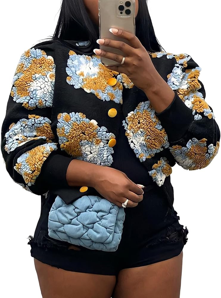 Yimoon Womens Cropped Floral Print Jacket Puff Sleeve Fleece Bomber Jacket Button Down Fall Winte... | Amazon (US)