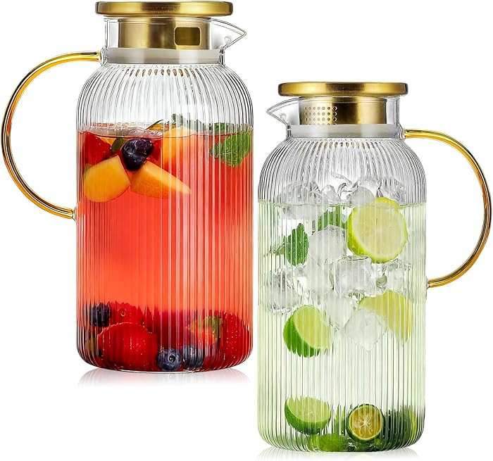 2 Pack Glass Pitcher with Lid, 68 oz/2 Liter Vertical Stripe Round Pitcher with Handle, Heat Resi... | Amazon (US)