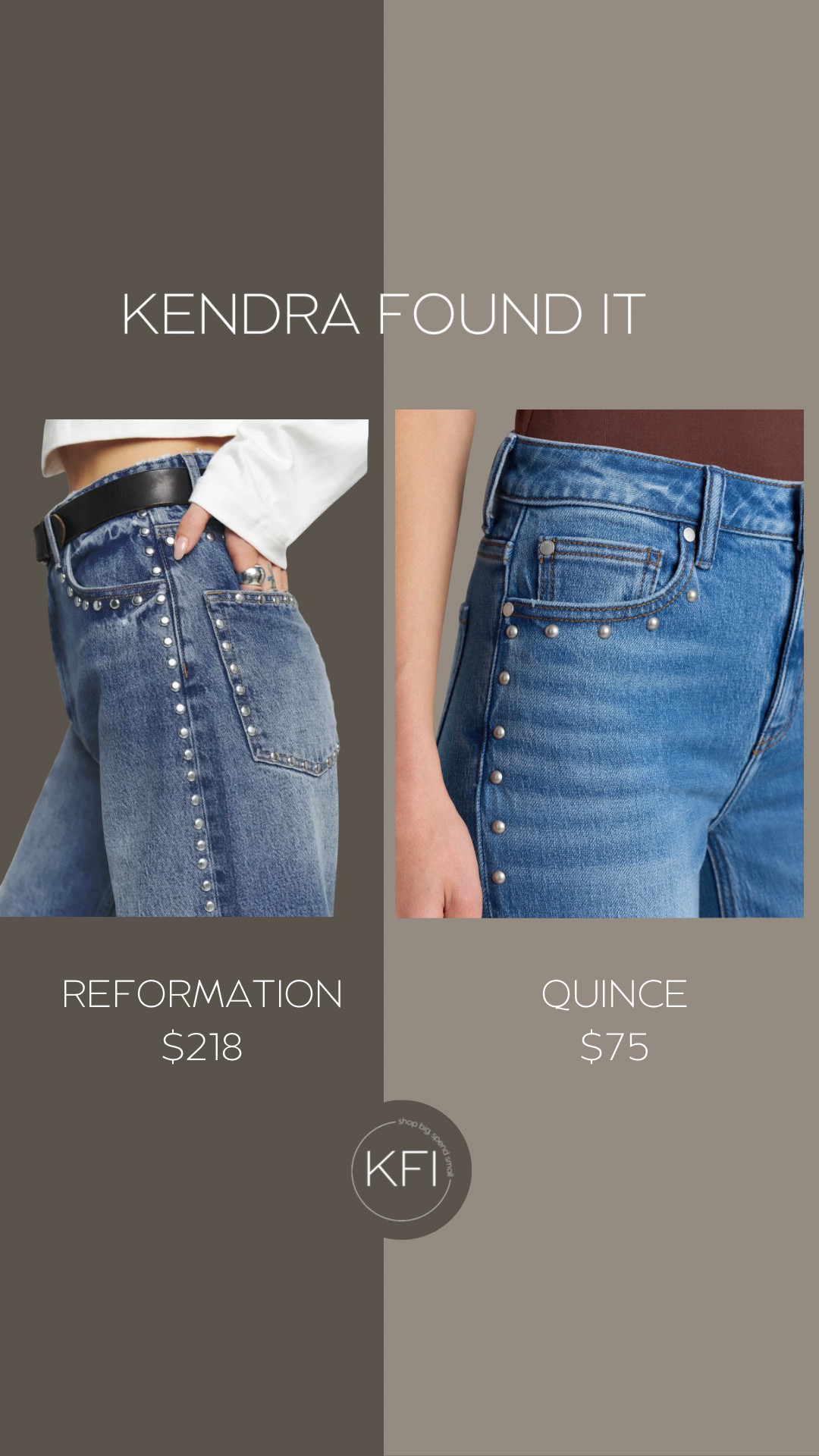I found a Reformation Cary High Rise Slouchy Wide Leg Jeans dupe at Quince and it's such a good one. Both pairs have the same stud detailing running down the front pocket along with that slouchy, wide leg fit, but the Reformation version runs $218 and the Quince dupe is $75. Side by side, the details hold up, and the price difference makes this an easy swap if you love the look but don't want to spend $218 on a pair of jeans. I'm adding this to my fall denim rotation. Both linked here. 

 #LTKootd #LTKSeasonal #LTKSaleAlert