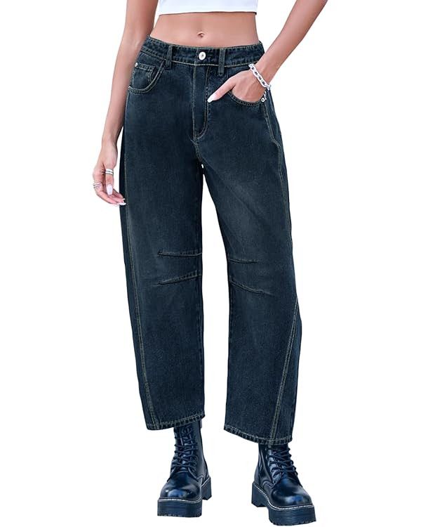 Mid Rise Barrel Jeans for Women Wide Leg Mid Waist Cropped Denim Pants Y2k Baggy Boyfriend Jeans ... | Amazon (US)