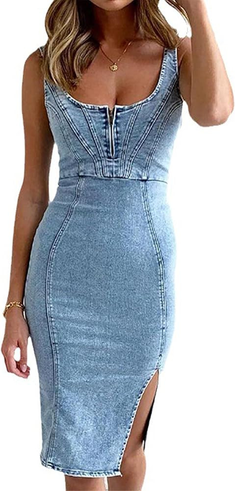 Women's Sleeveless Bodycon Denim Tank Dress Scoop Neck Zip Up Side Slit Stretchy Wrap Club Party ... | Amazon (US)