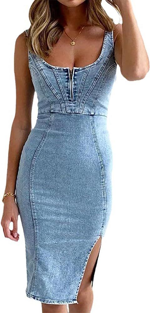 Conshvi Women's Sleeveless Bodycon Denim Tank Dress Scoop Neck Zip Up Side Slit Stretchy Wrap Clu... | Amazon (US)