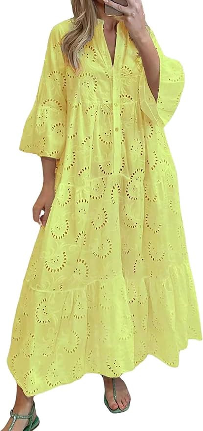 utcoco Womens Lace Embroidered Eyelet Maxi Dresses 3/4 Trumpet Sleeve Button V Neck Flowy Swing H... | Amazon (US)