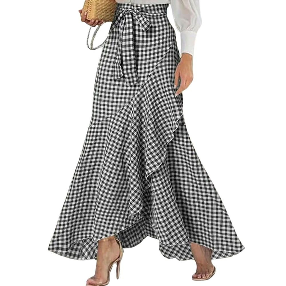 chouyatou Women's Casual Plaid Mermaid Maxi Skirt A Line Irregular Ruffle Hem Fishtail Long Skirt | Amazon (US)