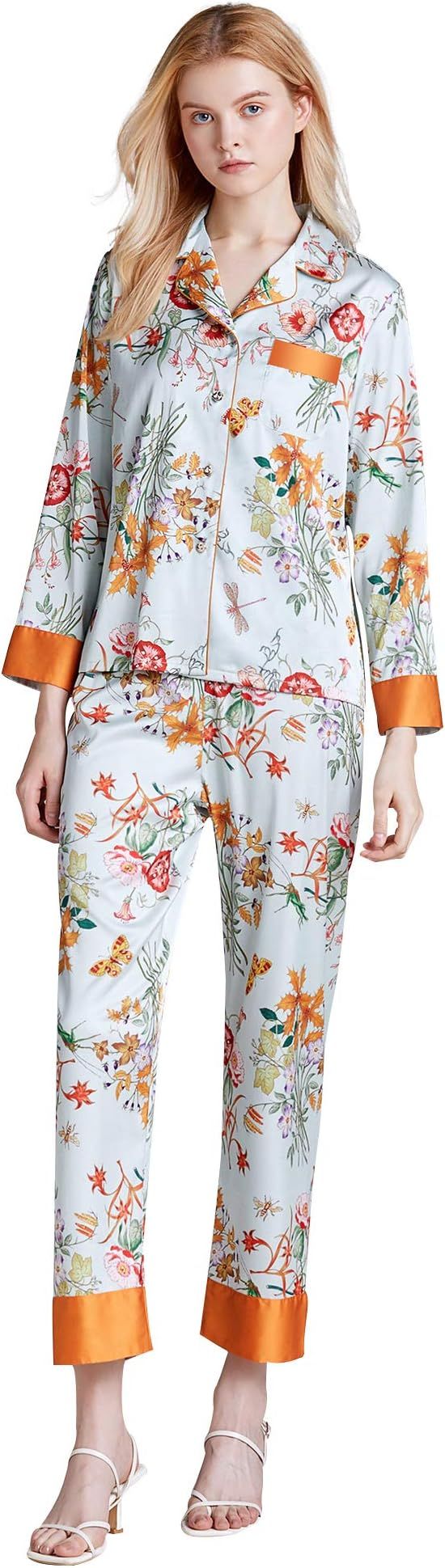 Belle Heure Women’s Silk Satin Classic Long Sleeve Pajamas Button Down Silky Floral Animals Pat... | Amazon (US)