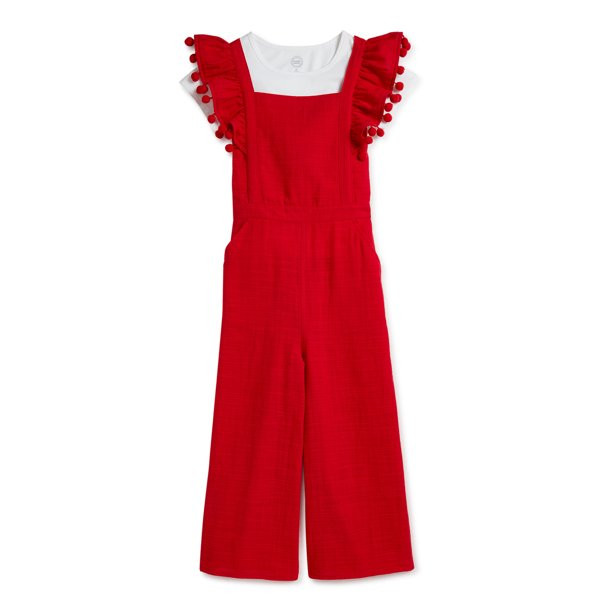 Wonder Nation Girls' Pom Pom Flutter Sleeve Jumpsuit and Top, 2-Piece, Sizes 4-18 & Plus | Walmart (US)