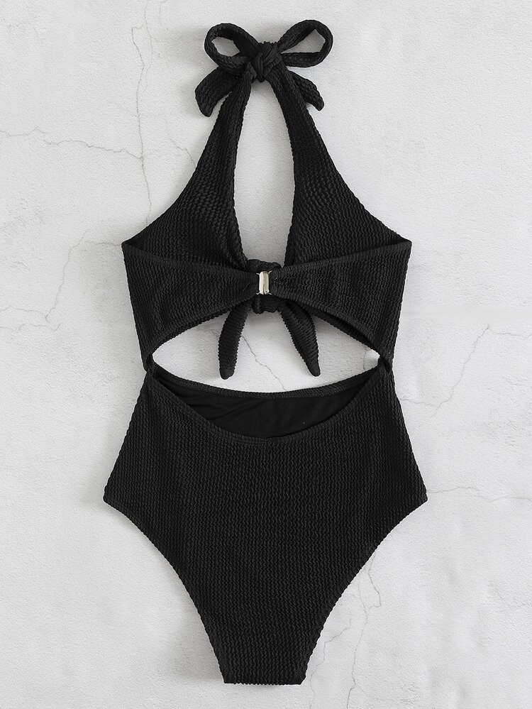 Textured Cut-out Halter One Piece Swimsuit | SHEIN