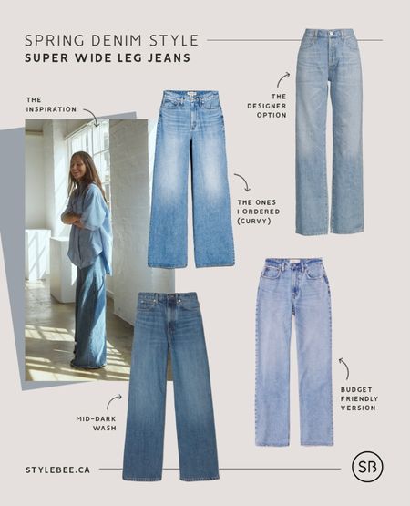 Spring Denim Style I’m Loving - Super Wide Leg Denim - I love the comfy chic statement this style makes with a fitted tank and some clogs or block heel sandals  

Shown:

1 / Madewell Superwide-Leg Curvy Fit in Varian Wash - I ordered these in size 27

2 / Citizens of Humanity Annina Wide Leg in Tularosa

3 / Everlane Baggu Jean in Ricky wash

4 / Abercrombie Curve Love High Rise Loose Jean in Medium Light

More washes and standard fit options linked as well  

#LTKSeasonal
