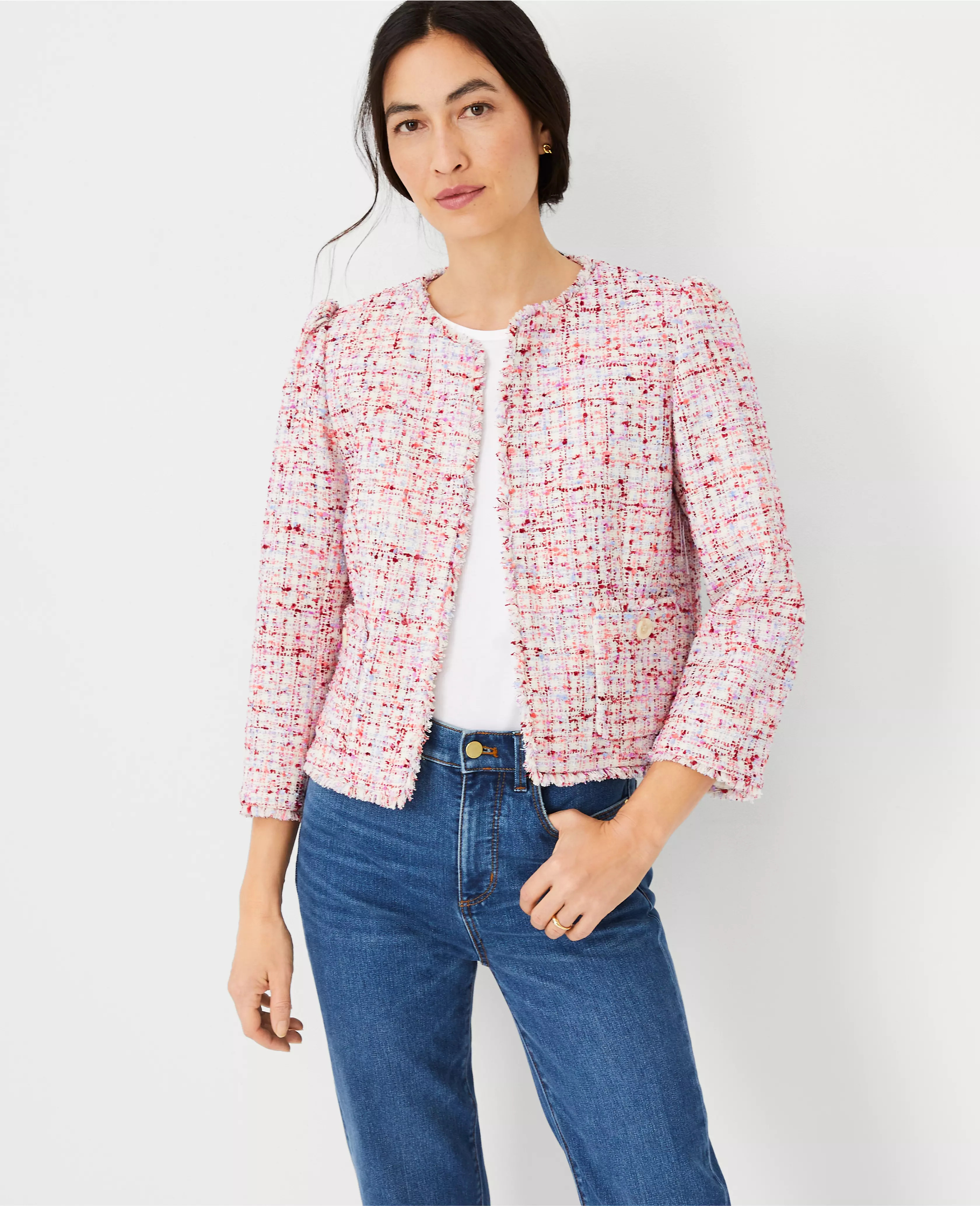 Petite Fringe Tweed Puff Sleeve Jacket | Ann Taylor (US)