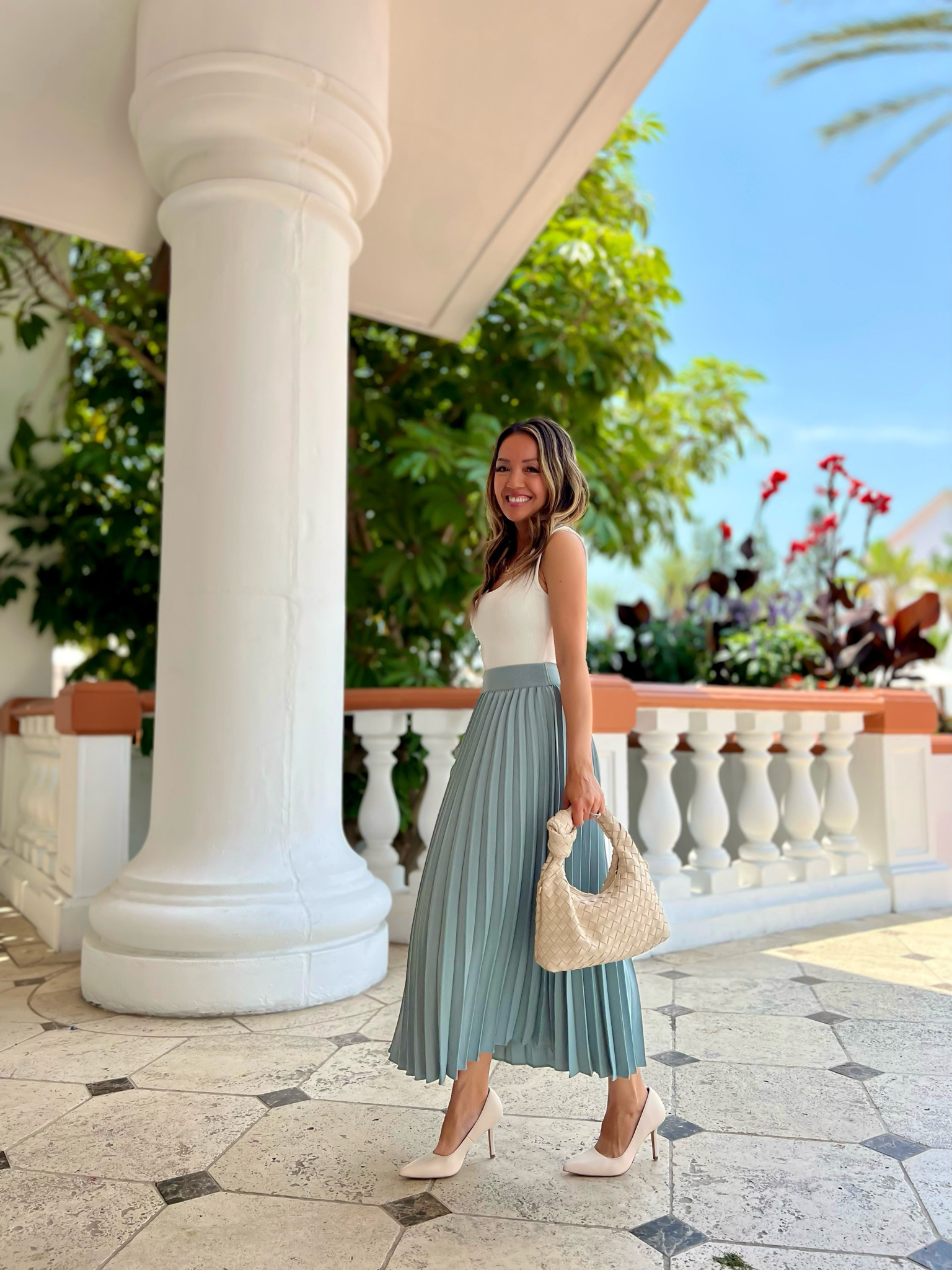 pleated midi skirt and white bodysuit - can easily transition into fall with a cardigan and ankle booties 

wearing XXS in top and skirt  

#LTKFindsUnder100 #LTKSaleAlert #LTKFindsUnder50
