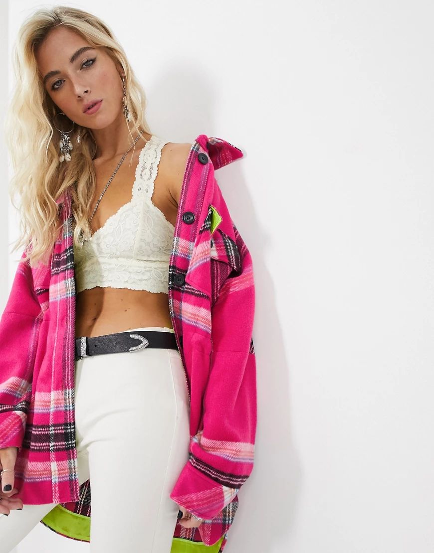 Free People down for you jacket in pink check | ASOS (Global)
