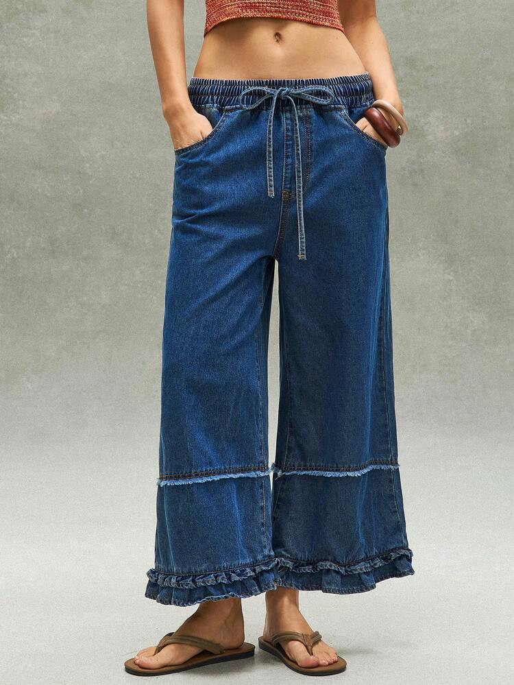 Bohemela Women's Casual Solid Color Woven Loose Wide Leg Pants Vacation Navy Blue Autumn | SHEIN