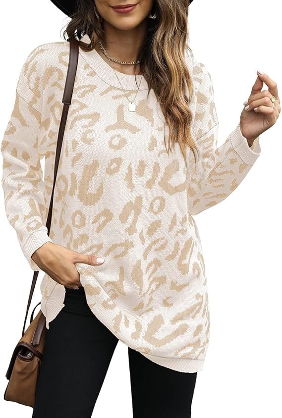 Bofell Women's Leopard Print Oversized Crew Neck Trendy Knitted Pullover Sweater Tops | Amazon (US)