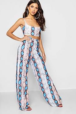 Snake Print Wide Trouser And Crop Top Co-Ord | Boohoo.com (US & CA)