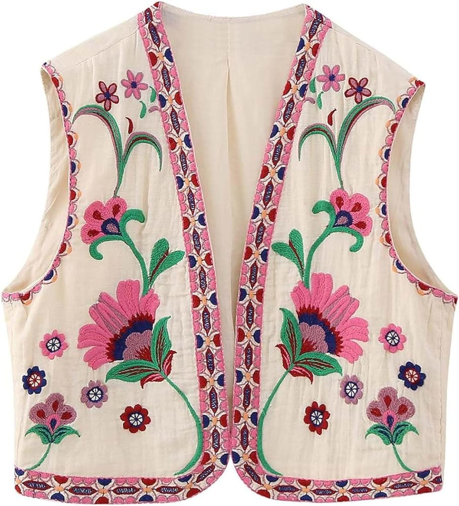 Women's Embroidered Vest Outerwear Vintage Floral Cropped Waistcoat Casual Open Sleeveless Boho C... | Amazon (US)