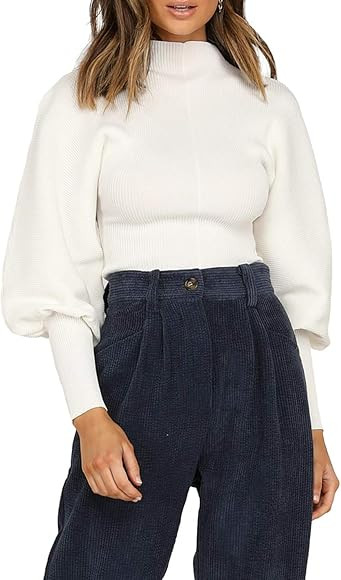 HZSONNE Women's Casual Mock Neck Puff Sleeve Pullover Sweater Lantern Cuff Solid Long Sleeve Knitted | Amazon (US)