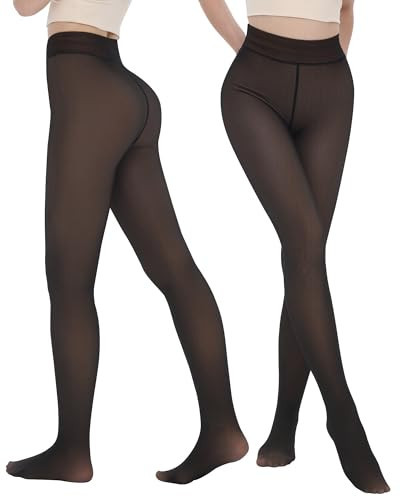iceROSE 2 Pairs Fleece Lined Thermal Tights for Women – Sheer Black Pantyhose Warm Winter Thick Fake Translucent Leggings | Amazon (US)