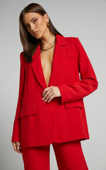 Michelle Blazer - Oversized Plunge Neck Button Up Blazer in Red | Showpo (ANZ)
