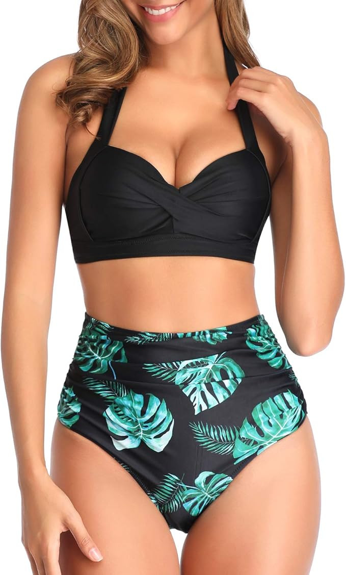 Tempt Me Women Vintage Swimsuit Two Piece Retro Halter Ruched High Waist Bikini | Amazon (US)